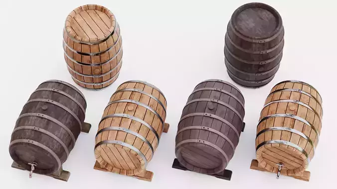6 Wine Barrels - Oak and Dark Casks with Stands and Spigots  Low-poly 3D model view 2