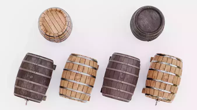 6 Wine Barrels - Oak and Dark Casks with Stands and Spigots  Low-poly 3D model view 3