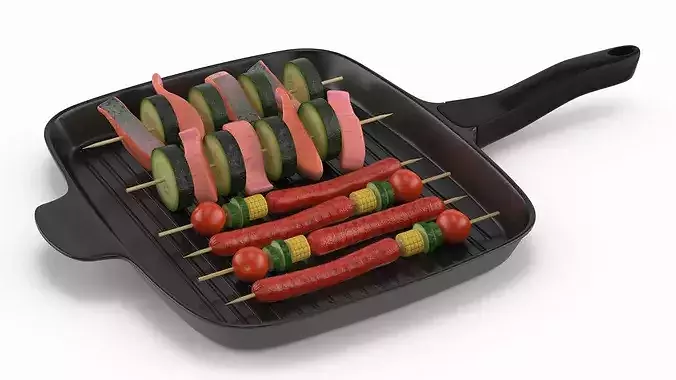 Skewers with Food on Grill Pan 3D model