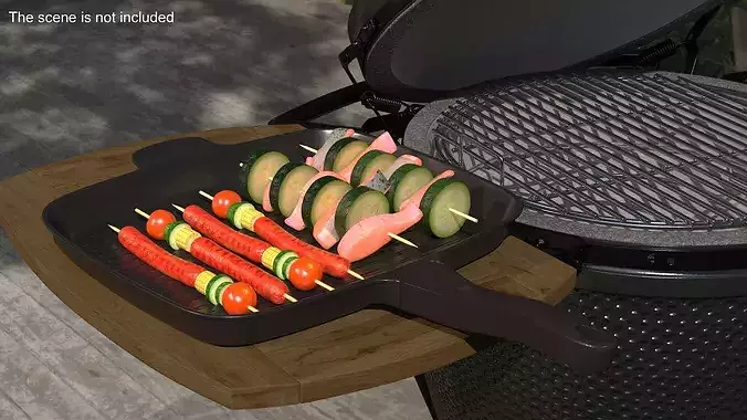 Skewers with Food on Grill Pan 3D model view 2