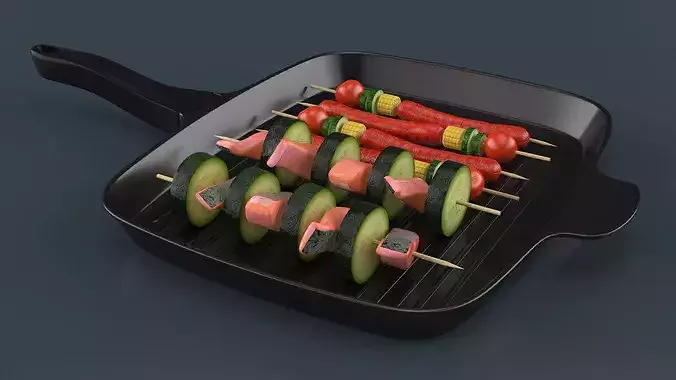 Skewers with Food on Grill Pan 3D model view 3