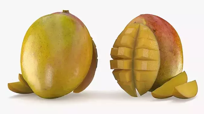 Food Fresh Mango with Cubed Half and Slice Yellow Low-poly 3D model