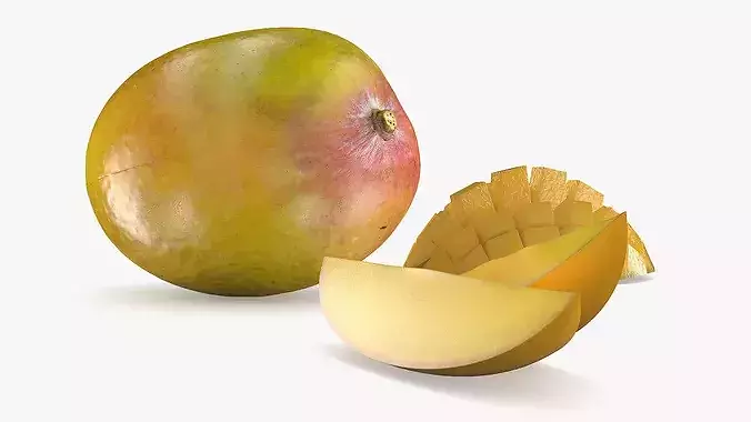 Food Fresh Mango with Cubed Half and Slice Yellow Low-poly 3D model view 2