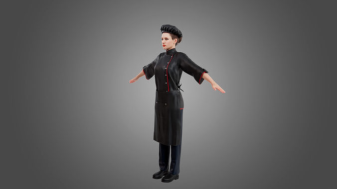 Female Chef Rigged Low-poly 3D model view 3