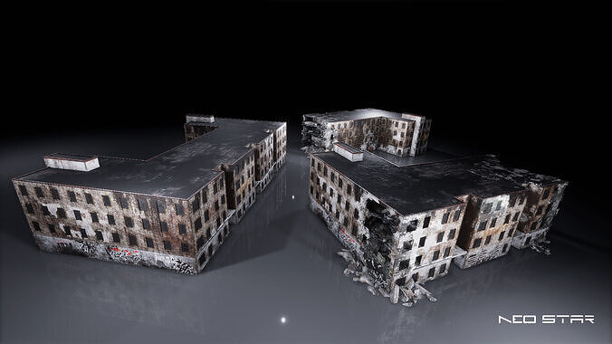 Low Poly Destroyed Buildings Low-poly 3D model view 3