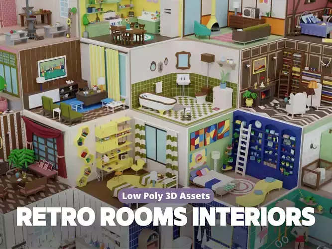 Low Poly Retro Vintage Rooms Interiors Low-poly 3D model