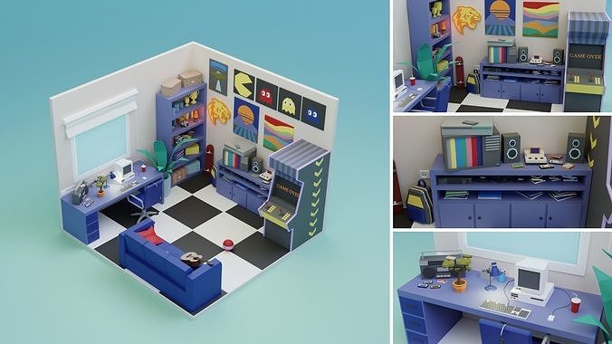Low Poly Retro Vintage Rooms Interiors Low-poly 3D model view 3