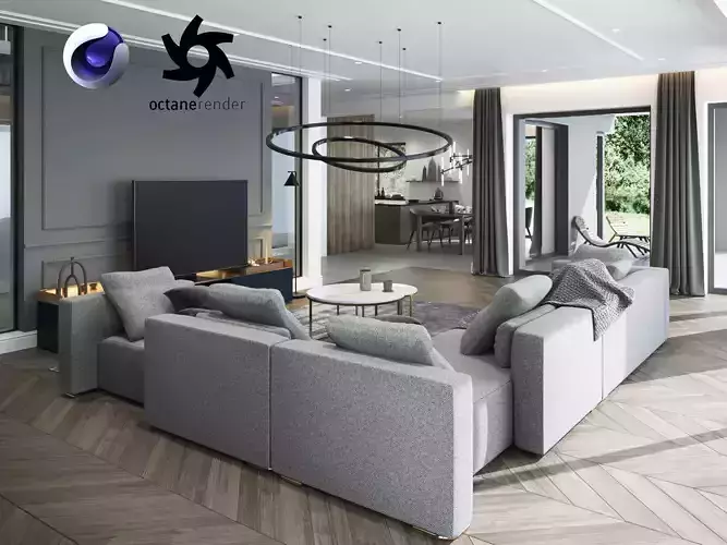 Living Room and Kitchen Scene for Cinema 4D and Octane Render 3D model