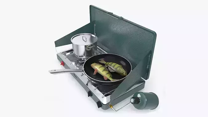 Portable Gas Stove with Yellow Perch in Frying Pan 3D model view 2