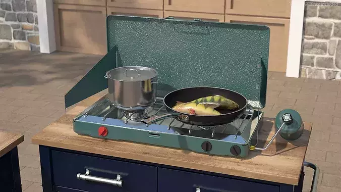Portable Gas Stove with Yellow Perch in Frying Pan 3D model view 3