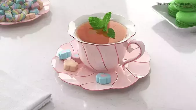 Mint Tea in Pink Porcelain Cup with Marshmallows 3D model view 2