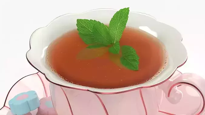 Mint Tea in Pink Porcelain Cup with Marshmallows 3D model view 3