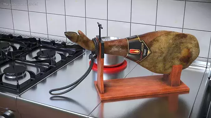 Iberico Ham Leg on Wooden Carving Stand 3D model view 2