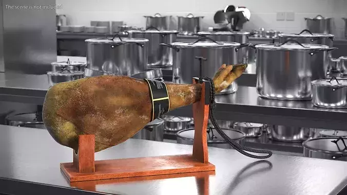 Iberico Ham Leg on Wooden Carving Stand 3D model view 3