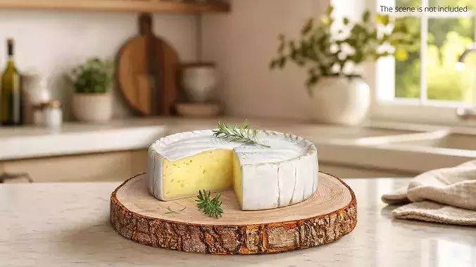 Round Brie Cheese with Rosemary on Rustic Board 3D model view 2