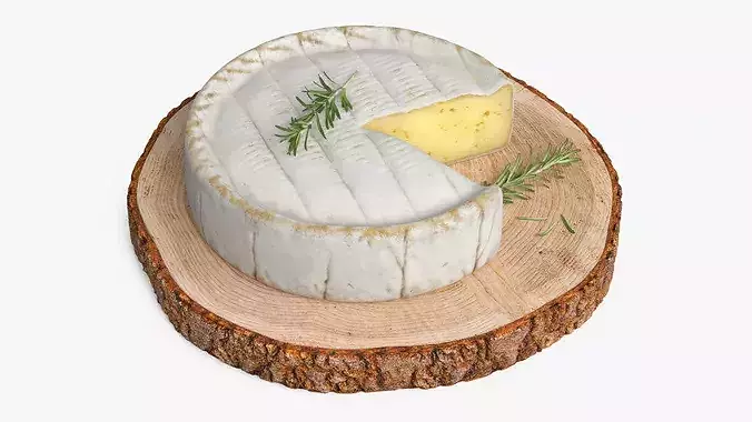 Round Brie Cheese with Rosemary on Rustic Board 3D model view 3
