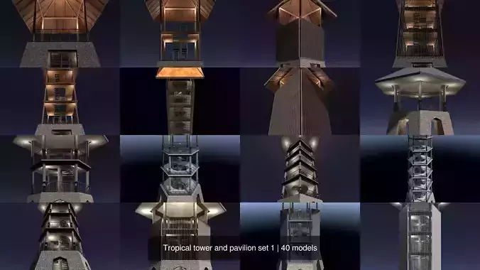 Tropical tower and pavilion set 1 3D Model Pack