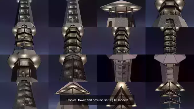 Tropical tower and pavilion set 1 3D Model Pack view 3
