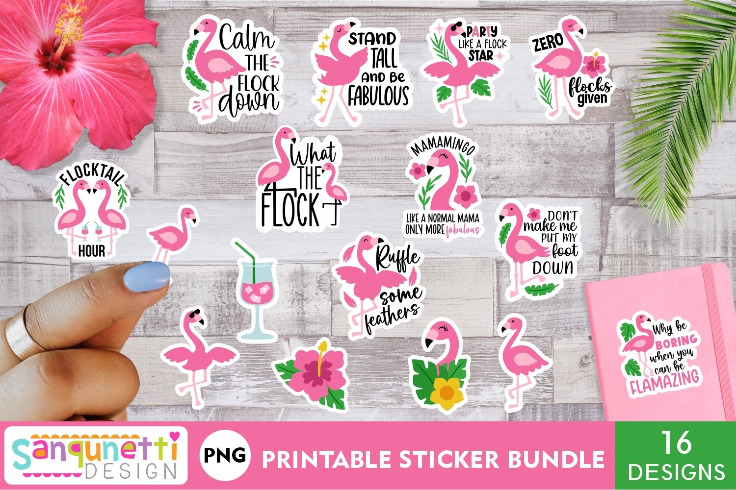 Sassy Flamingo sticker bundle | Tropical printable stickers