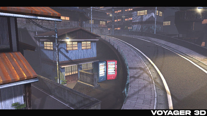 Retro Style Japanese Rural Town Low-poly 3D model view 3