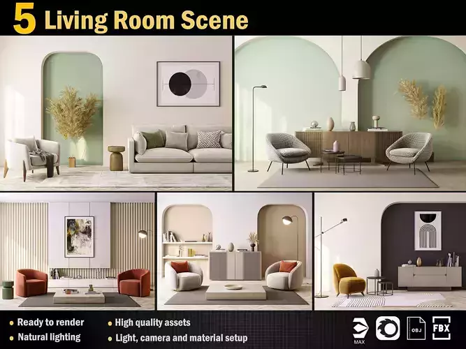 5 Interior living room scene collection Vol 2 3D Model Pack