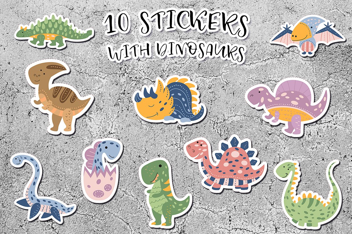 10 funny dinosaurs stickers bundle