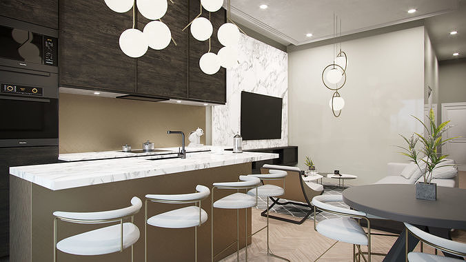 Corona - C4D files - Kitchen and Livingroom Home Interior 3D model view 3