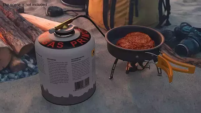 Camping Frying Pan with Steak on Gas Burner 3D model view 3