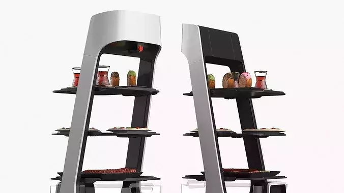 Automated Waiter Robot With Meals and Beverages 3D model view 3