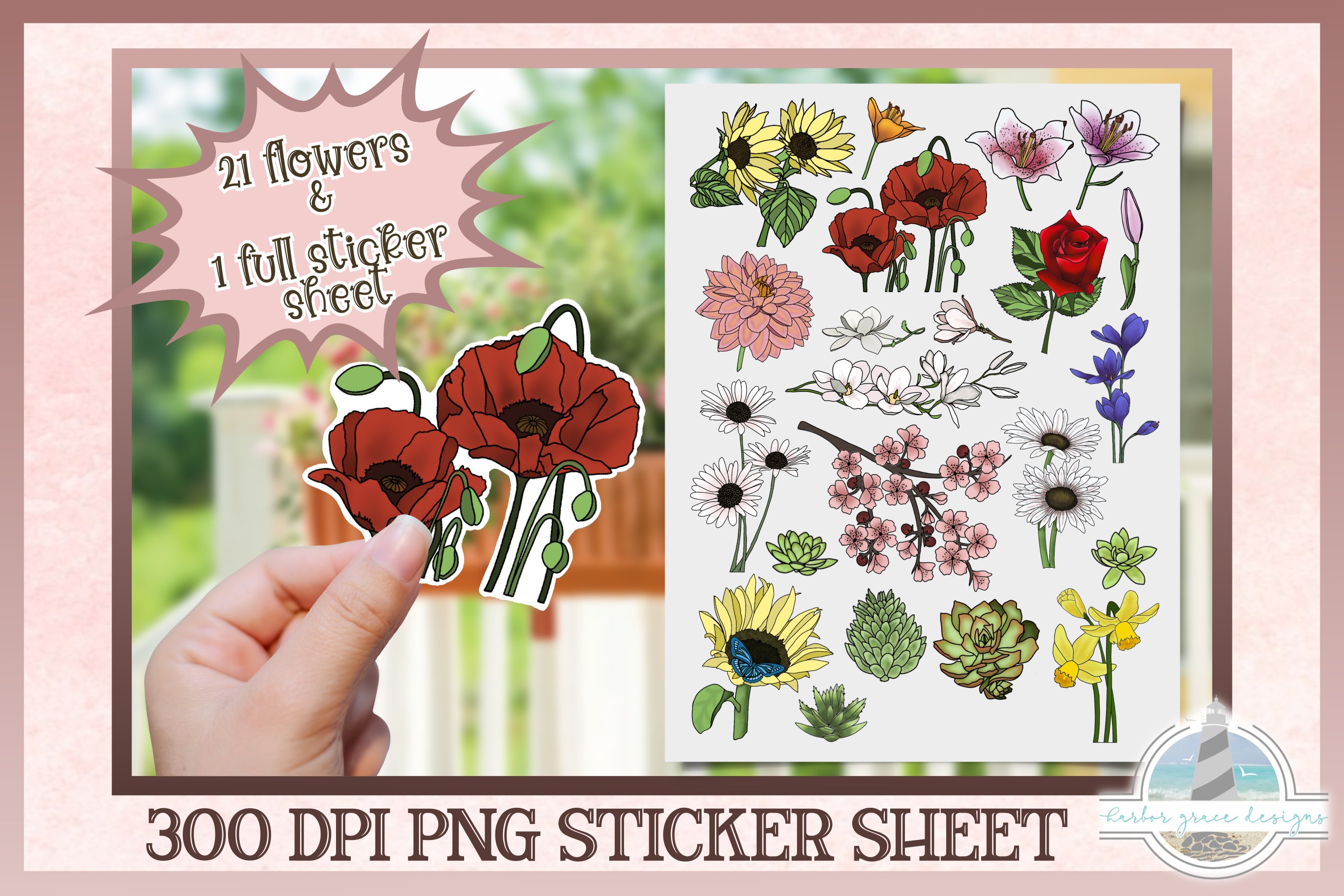 Summer Flowers Printable Sticker Set - 300 dpi PNG image