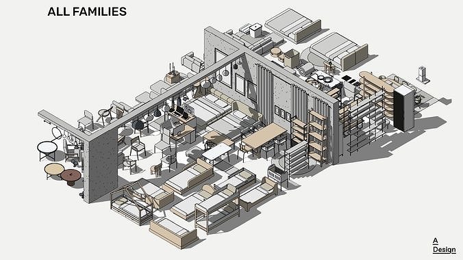Set of luxury furniture - Pack of revit families 3D model view 3