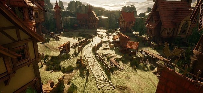STYLIZED MEDIEVAL BUILDING ENVIRONMENT SCENE WITH ALL THE ASSET Low-poly 3D model view 3