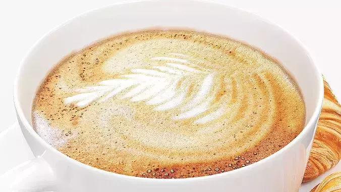 Cappuccino Ceramic Cup with Fresh Croissants 3D model view 3